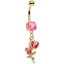 Load image into Gallery viewer, Pink Faux Opal Gold Plated Roses Ready to Flower Dangle Belly Ring

