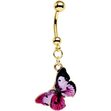 Load image into Gallery viewer, Gold Anodized Steel Pink and Black Butterfly Dangle Belly Ring
