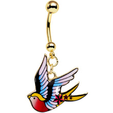 Load image into Gallery viewer, Gold Anodized Steel Tattoo Flash Sparrow Bird Dangle Belly Ring
