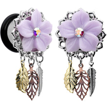 Load image into Gallery viewer, 9/16 Aurora Gem Purple Petal Flower Leaf Feather Dangle Plug Set
