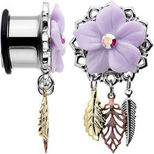 Load image into Gallery viewer, 9/16 Aurora Gem Purple Petal Flower Leaf Feather Dangle Plug Set
