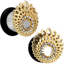 Load image into Gallery viewer, 00G Clear Gem Golden Gala Feather Single Flare Tunnel Plug Set

