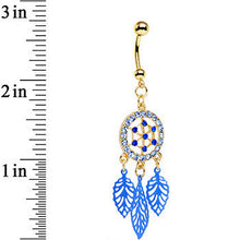 Load image into Gallery viewer, Blue Gem Gold Anodized Steel Dream Leaf Dangle Belly Ring
