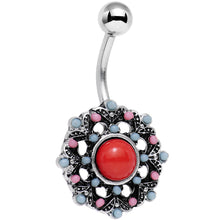 Load image into Gallery viewer, Red Blue Faux Turquoise Southwestern Flower Belly Ring
