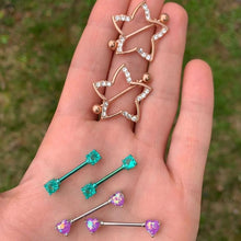 Load image into Gallery viewer, 14G 9/16 Purple Faux Opal Purple Barbell Nipple Ring Set
