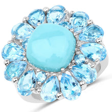 Load image into Gallery viewer, 9.50 Carat Genuine Turquoise and Swiss Blue Topaz .925 Sterling Silver Ring
