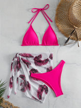 Load image into Gallery viewer, Feather Luxe 3-Piece Bikini Set – Exotic Feather Print Halter Neck Backless Swimsuit with High Cut Tie Back Bottoms and Wrap Cover-Up – Women’s High-Stretch Comfortable Swimwear for Summer Beach &amp; Pool Vacations
