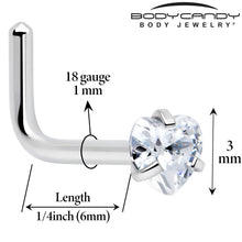 Load image into Gallery viewer, 18G 1/4 Clear Heart 3mm CZ Gem Steel L-Shape Nose Ring
