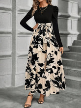 Load image into Gallery viewer, Trendy Tied Printed Round Neck Long Sleeve Midi Dress Elegant &amp; Trendy Printed Dress for Women
