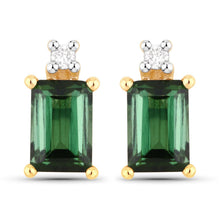 Load image into Gallery viewer, 1.24 Carat Genuine Green Tourmaline and White Diamond 14K Yellow Gold Earrings
