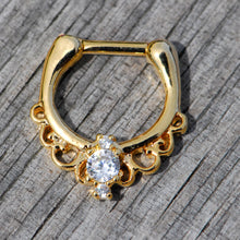 Load image into Gallery viewer, 16G Clear CZ Gem Gold Tone Anodized Coronet Septum Clicker
