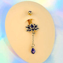 Load image into Gallery viewer, Purple Gem Gold Tone Anodized Blooming Lotus Flower Dangle Belly Ring
