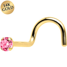 Load image into Gallery viewer, Solid 14K Yellow Gold 2mm Pink Cubic Zirconia Solitiare Nose Ring
