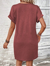 Load image into Gallery viewer, Elegant Button V-Neck Short Sleeve Dress Flattering Casual &amp; Office Wear Simple Dress
