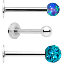 Load image into Gallery viewer, 16G 3/8 Teal Faux Opal Ball Labret Monroe Tragus 3 Pack Set
