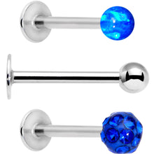 Load image into Gallery viewer, 16G 3/8 Blue Faux Opal Ball Labret Monroe Tragus 3 Pack Set
