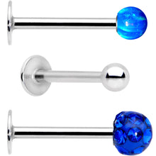 Load image into Gallery viewer, 16G 3/8 Blue Faux Opal Ball Labret Monroe Tragus 3 Pack Set
