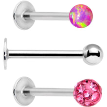 Load image into Gallery viewer, 16G 3/8 Pink Faux Opal Ball Labret Monroe Tragus 3 Pack Set
