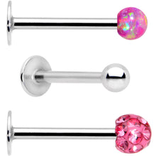 Load image into Gallery viewer, 16G 3/8 Pink Faux Opal Ball Labret Monroe Tragus 3 Pack Set

