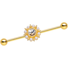 Load image into Gallery viewer, Clear Gem White Orb Gold PVD Sun Wheel Industrial Barbell 38mm
