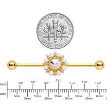 Load image into Gallery viewer, Clear Gem White Orb Gold PVD Sun Wheel Industrial Barbell 38mm
