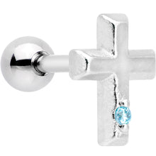 Load image into Gallery viewer, 1/4 Aqua CZ Gem Embossed Cross Tragus Cartilage Earring
