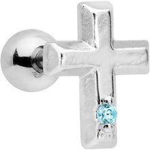 Load image into Gallery viewer, 1/4 Aqua CZ Gem Embossed Cross Tragus Cartilage Earring
