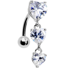 Load image into Gallery viewer, Clear CZ Gem Tri Heart Top Mount Dangle Belly Ring
