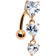 Load image into Gallery viewer, Clear CZ Gem Rose Gold Plated Tri Heart Top Mount Dangle Belly Ring
