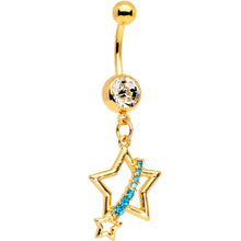 Load image into Gallery viewer, Clear Aqua Gem Gold PVD Encrusted Star Belly Ring Set of 2
