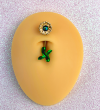 Load image into Gallery viewer, Green Faux Opal Yellow Sunflower Leaf Double Mount Belly Ring
