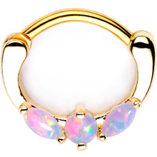 Load image into Gallery viewer, White Synthetic Opal Gold Tone Anodized Triplet Septum Clicker
