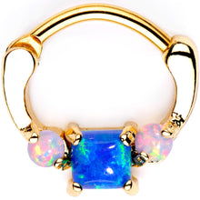 Load image into Gallery viewer, Blue Square Synthetic Opal Gold Tone Anodized Septum Clicker
