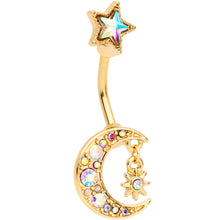 Load image into Gallery viewer, Aurora Gem Gold Tone Moon and Star Double Mount Belly Ring
