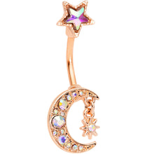 Load image into Gallery viewer, Aurora Gem Rose Gold Tone Moon and Star Double Mount Belly Ring

