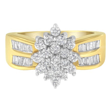 Load image into Gallery viewer, 10K Yellow Gold 1.0 Cttw Round &amp; Baguette Cut Diamond Floral Cluster Double-Channel Flared Band Statement Ring (H-I Color, SI2-I1 Clarity) - Size 6-1/2

