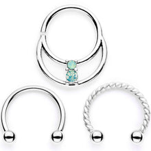 Load image into Gallery viewer, 16G 3/8 Teal Faux Opal Twisted Horseshoe Closure Ring Set
