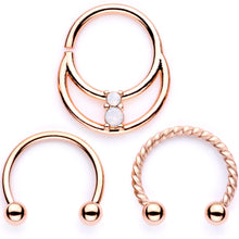 Load image into Gallery viewer, 16G 3/8 White Faux Opal Rose Gold Tone Twisted Horseshoe BCR Captive Ring Set
