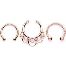 Load image into Gallery viewer, 16G Pink Faux Opal Rose Gold Tone Twisted Horseshoe Clip On Fake Septum Ring Set
