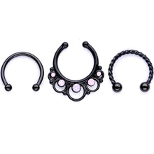 Load image into Gallery viewer, 16G Pink Faux Opal Black Anodized Twisted Horseshoe Clip On Fake Septum Ring Set
