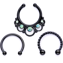 Load image into Gallery viewer, 16G Teal Faux Opal Black Anodized Twisted Horseshoe Clip On Fake Septum Ring Set
