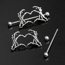 Load image into Gallery viewer, 1 1/2 Skeleton Hand Heart Nipple Barbell Shield Set
