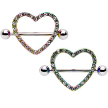 Load image into Gallery viewer, 14G 5/8 Clear Gem Rainbow Valentine Heart Nipple Ring Set
