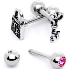Load image into Gallery viewer, 16G 1/4 Pink Gem Lock and Key Cartilage Tragus Earring Set of 3
