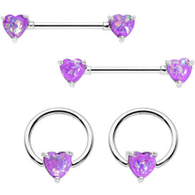 Load image into Gallery viewer, 14G Purple Faux Opal Heart BCR Barbell Nipple Ring Set of 4
