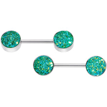 Load image into Gallery viewer, 14G 9/16 Green Synthetic Druzy Garden Barbell Nipple Ring Set
