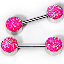 Load image into Gallery viewer, 14G 9/16 Pink Synthetic Druzy Powerful Barbell Nipple Ring Set
