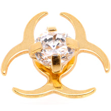 Load image into Gallery viewer, 14G Clear Gem Gold Tone Biohazard Dermal Anchor Top
