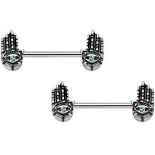 Load image into Gallery viewer, 14G 9/16 Aqua Gem Hamsa Hand Barbell Nipple Ring Set
