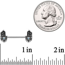 Load image into Gallery viewer, 14G 9/16 Aqua Gem Hamsa Hand Barbell Nipple Ring Set

